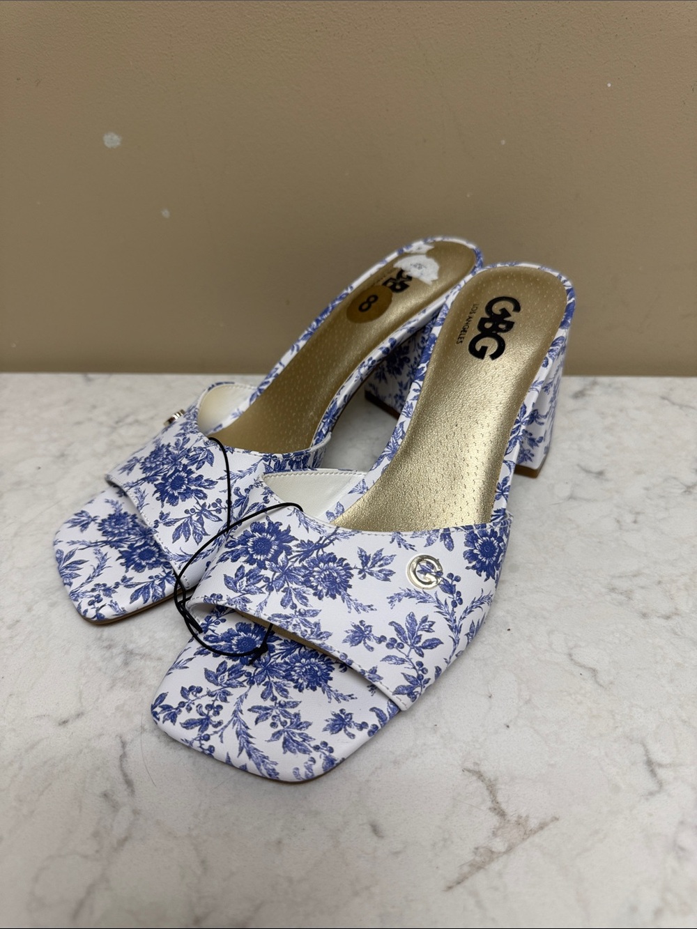 GBG Los Angeles Blue Floral Square-Toe Mule Heels